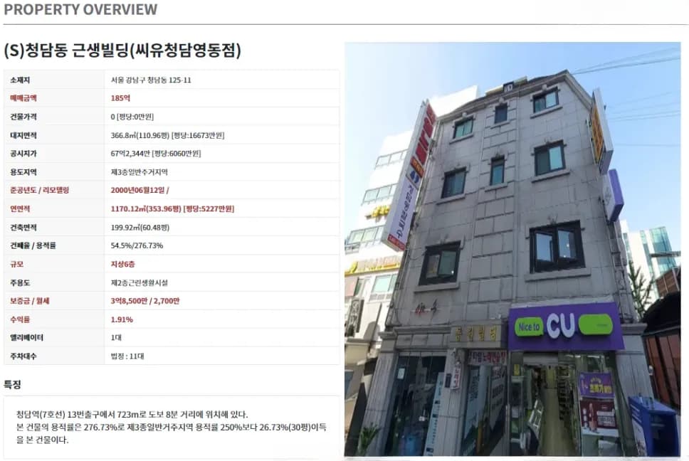 청담동 도산대로 이면 6층 빌딩 외관